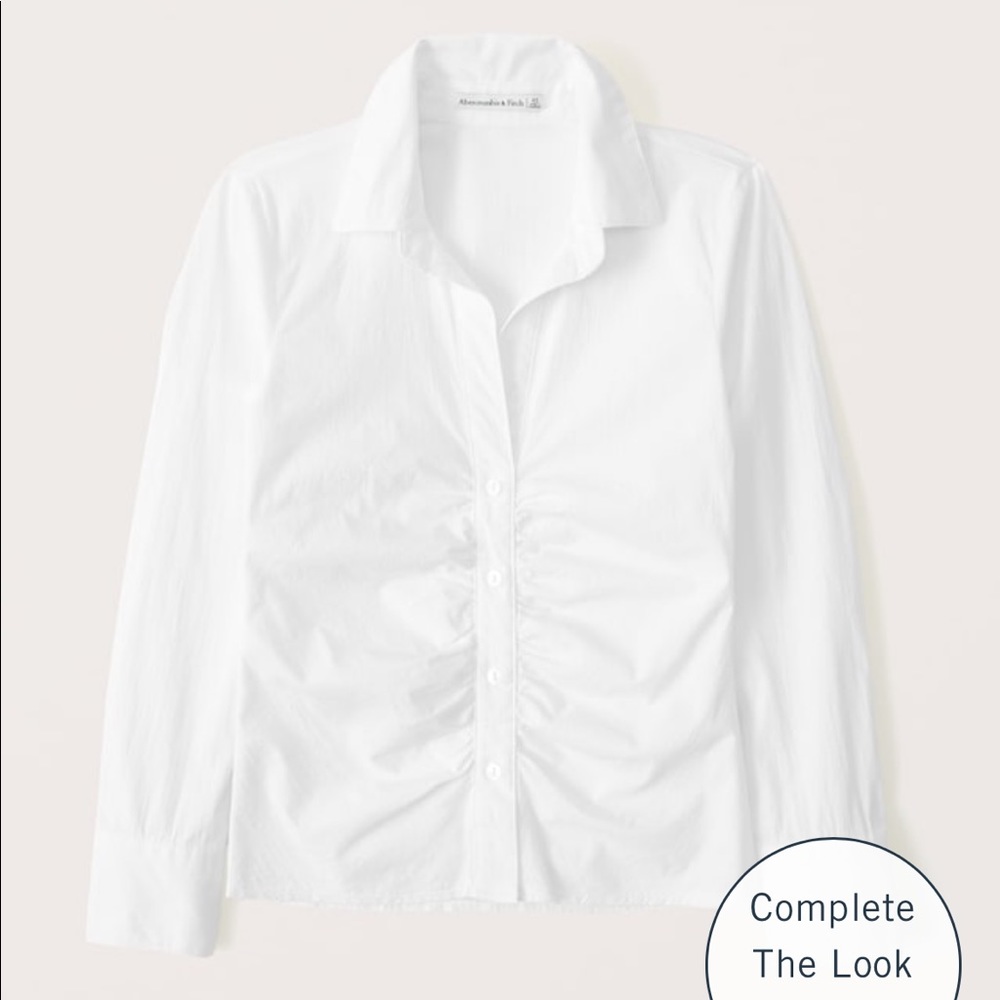 white long sleeve button ruched sleeve